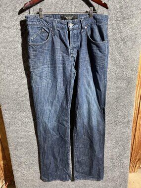 Rock & Republic Jeans Mens 36x34 Blue Dark Wash Straight Leg Embroidered Denim